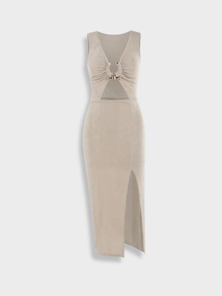 BEIGE SLEEVELESS MIDI DRESS WITH RING DETAIL AND SLIT - SIZE GUIDE AVAILABLE