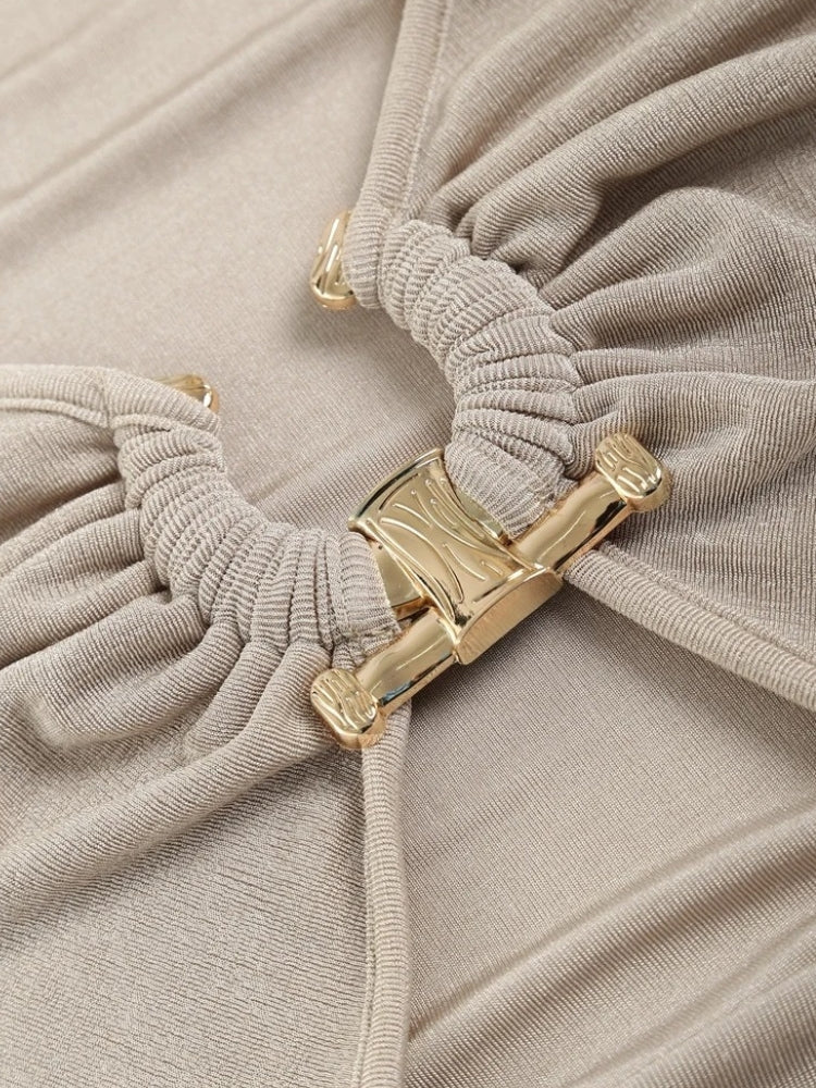 BEIGE SLEEVELESS MIDI DRESS WITH RING DETAIL AND SLIT - SIZE GUIDE AVAILABLE