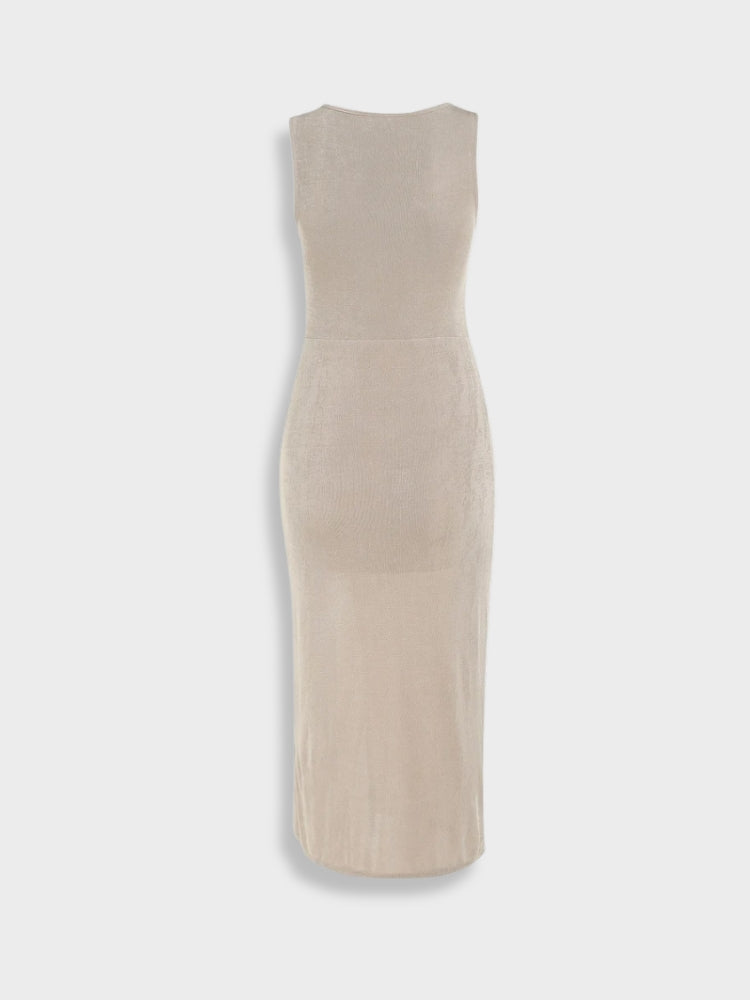 BEIGE SLEEVELESS MIDI DRESS WITH RING DETAIL AND SLIT - SIZE GUIDE AVAILABLE