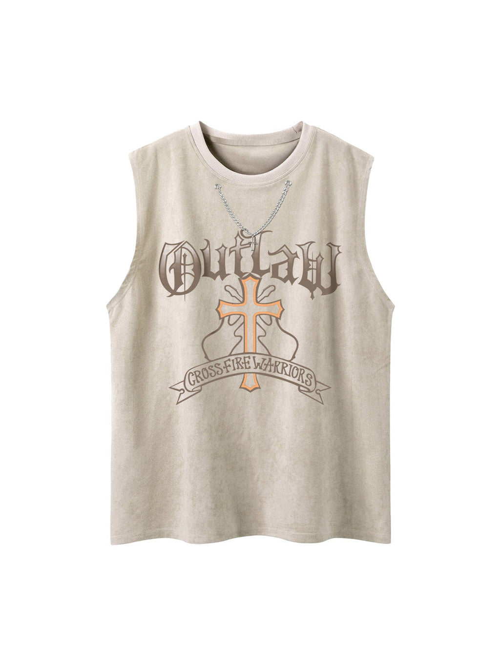 BEIGE SLEEVELESS SHIRT WITH GRAPHIC AND ROUND COLLAR, LOOSE FIT PULLOVER