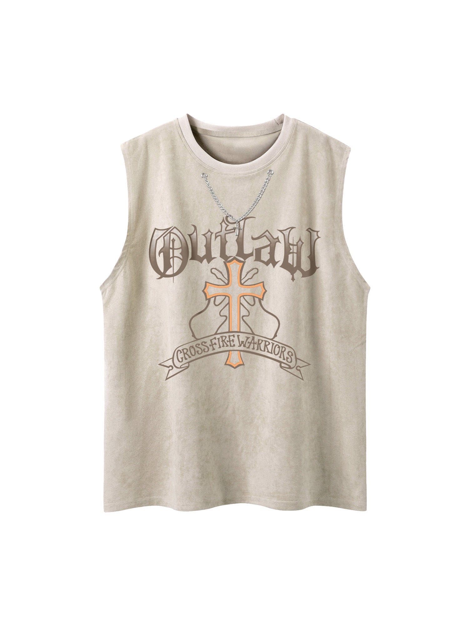 BEIGE SLEEVELESS SHIRT WITH GRAPHIC AND ROUND COLLAR, LOOSE FIT PULLOVER