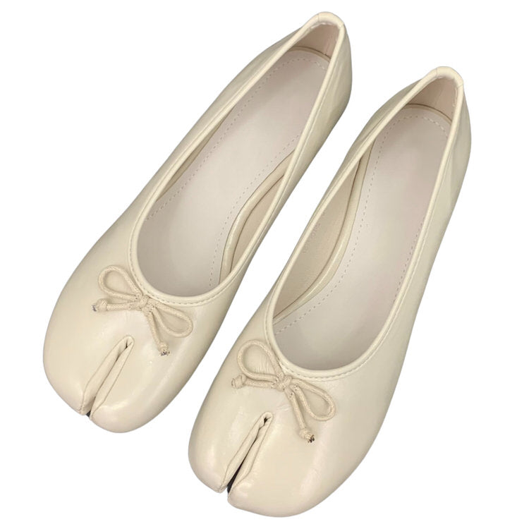 BEIGE SPLIT-TOE BALLET FLATS WITH BOW DETAIL WOMEN'S SHOES