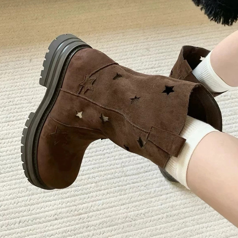 BEIGE STAR FAUX SUEDE COWBOY BOOTS