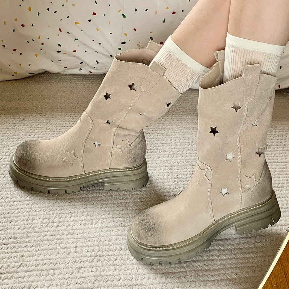 BEIGE STAR FAUX SUEDE COWBOY BOOTS