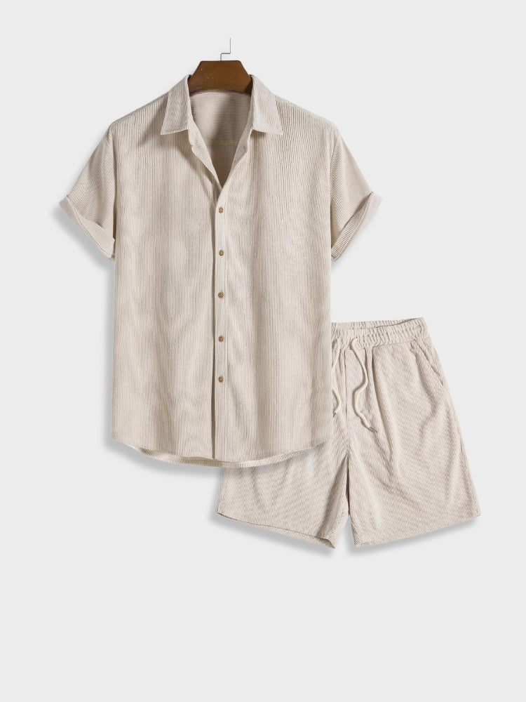 BEIGE STRIPED SHIRT AND SHORTS SET FOR BEACH DAYS SPECIAL DISCOUNT