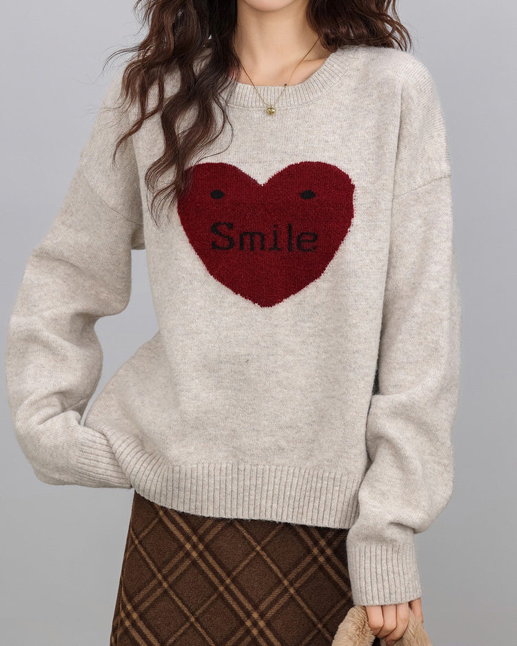 BEIGE SWEATER WITH RED HEART FOR GIRL WARM HEART OR SOFT GIRL WARM