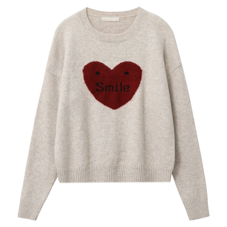 BEIGE SWEATER WITH RED HEART FOR GIRL WARM HEART OR SOFT GIRL WARM
