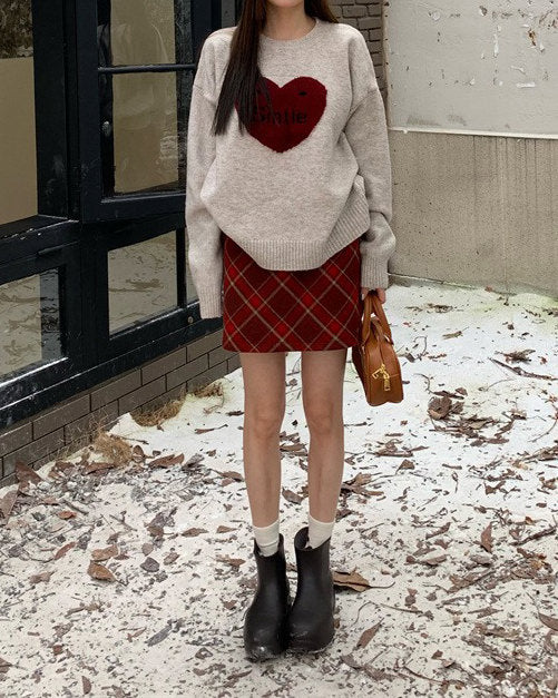 BEIGE SWEATER WITH RED HEART FOR GIRL WARM HEART OR SOFT GIRL WARM