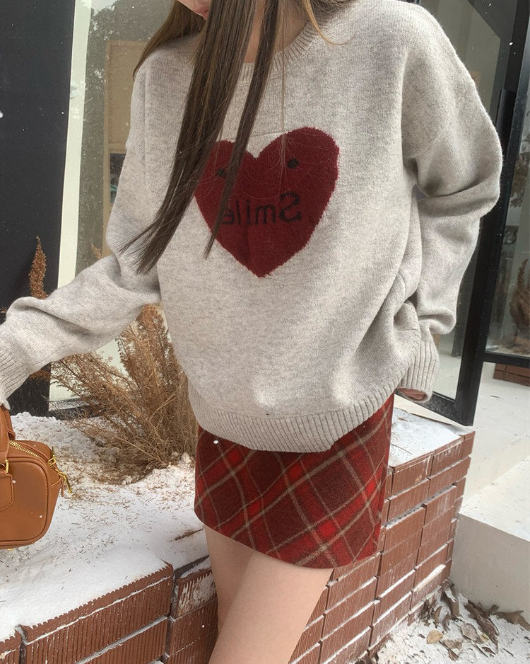 BEIGE SWEATER WITH RED HEART FOR GIRL WARM HEART OR SOFT GIRL WARM