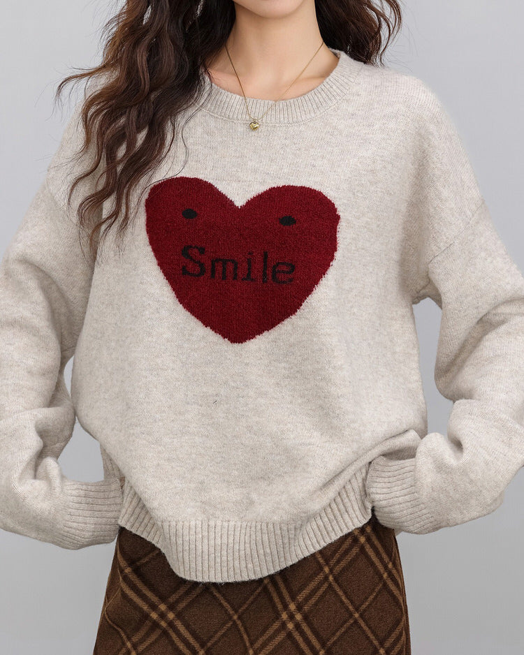 BEIGE SWEATER WITH RED HEART FOR GIRL WARM HEART OR SOFT GIRL WARM