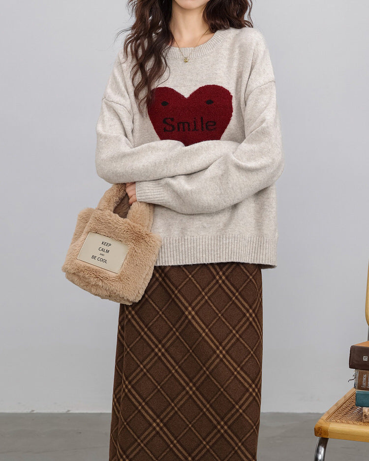 BEIGE SWEATER WITH RED HEART FOR GIRL WARM HEART OR SOFT GIRL WARM