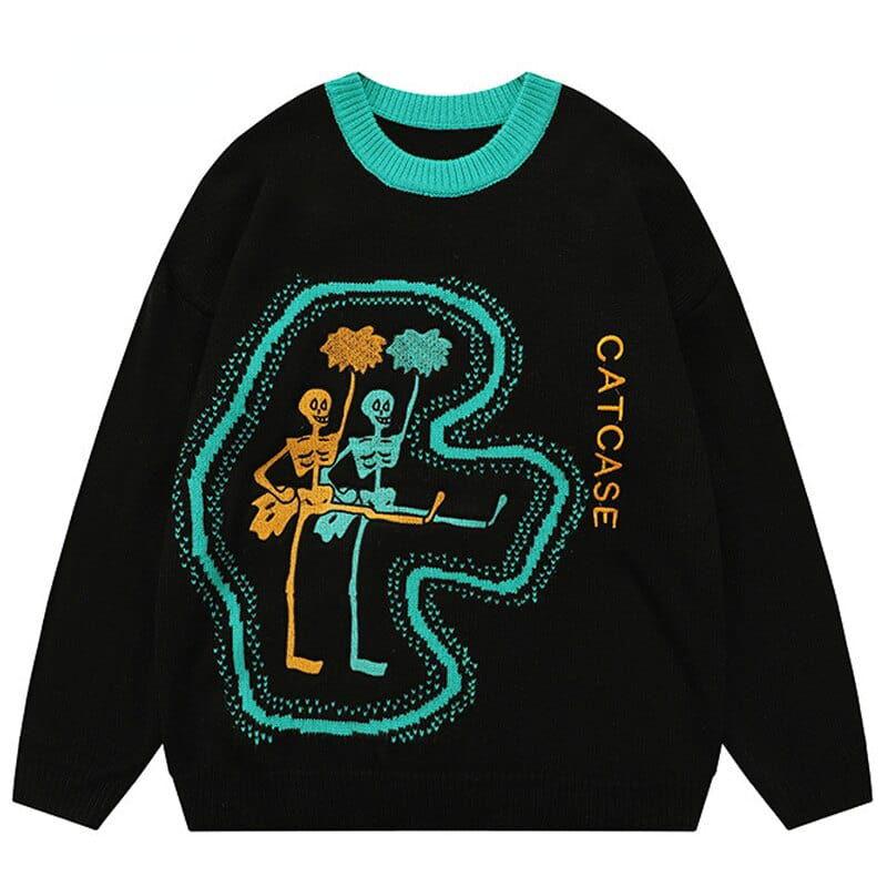 BEIGE SWEATER WITH SKELETON CHEERLEADER DESIGN FOR CAT LOVERS