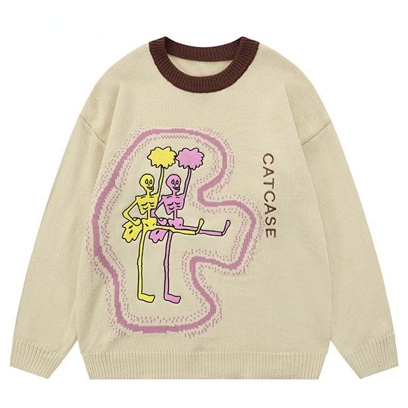 BEIGE SWEATER WITH SKELETON CHEERLEADER DESIGN FOR CAT LOVERS