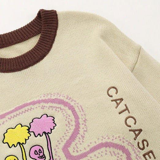 BEIGE SWEATER WITH SKELETON CHEERLEADER DESIGN FOR CAT LOVERS