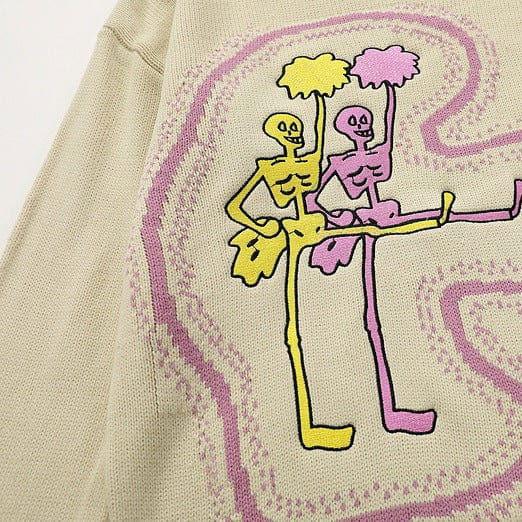 BEIGE SWEATER WITH SKELETON CHEERLEADER DESIGN FOR CAT LOVERS