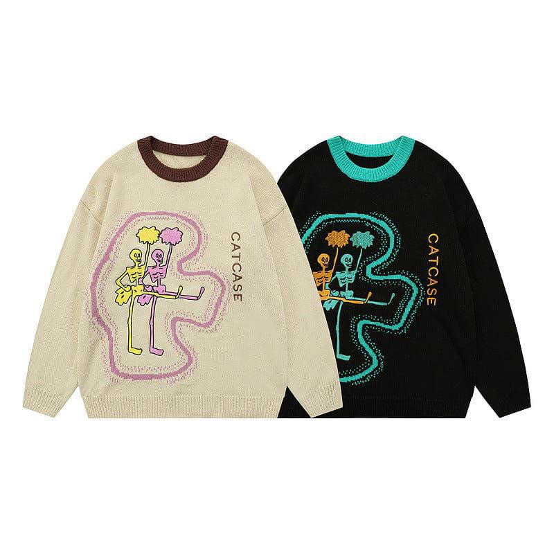 BEIGE SWEATER WITH SKELETON CHEERLEADER DESIGN FOR CAT LOVERS