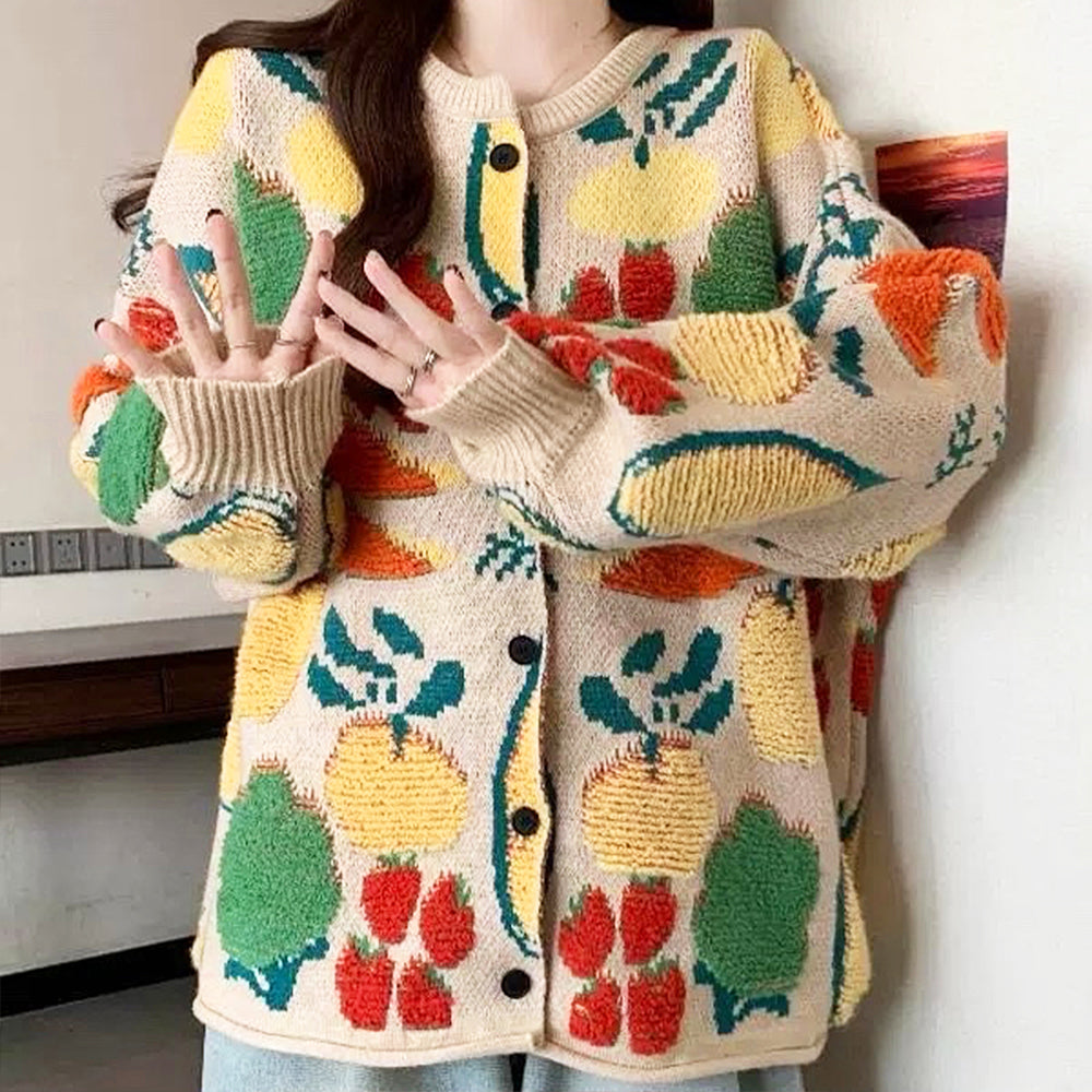 BEIGE VEGGIE KNIT CARDIGAN WHIMSICAL FRUIT DESIGN