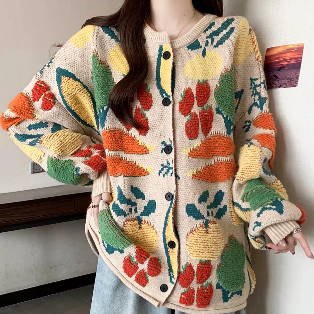 BEIGE VEGGIE KNIT CARDIGAN WHIMSICAL FRUIT DESIGN
