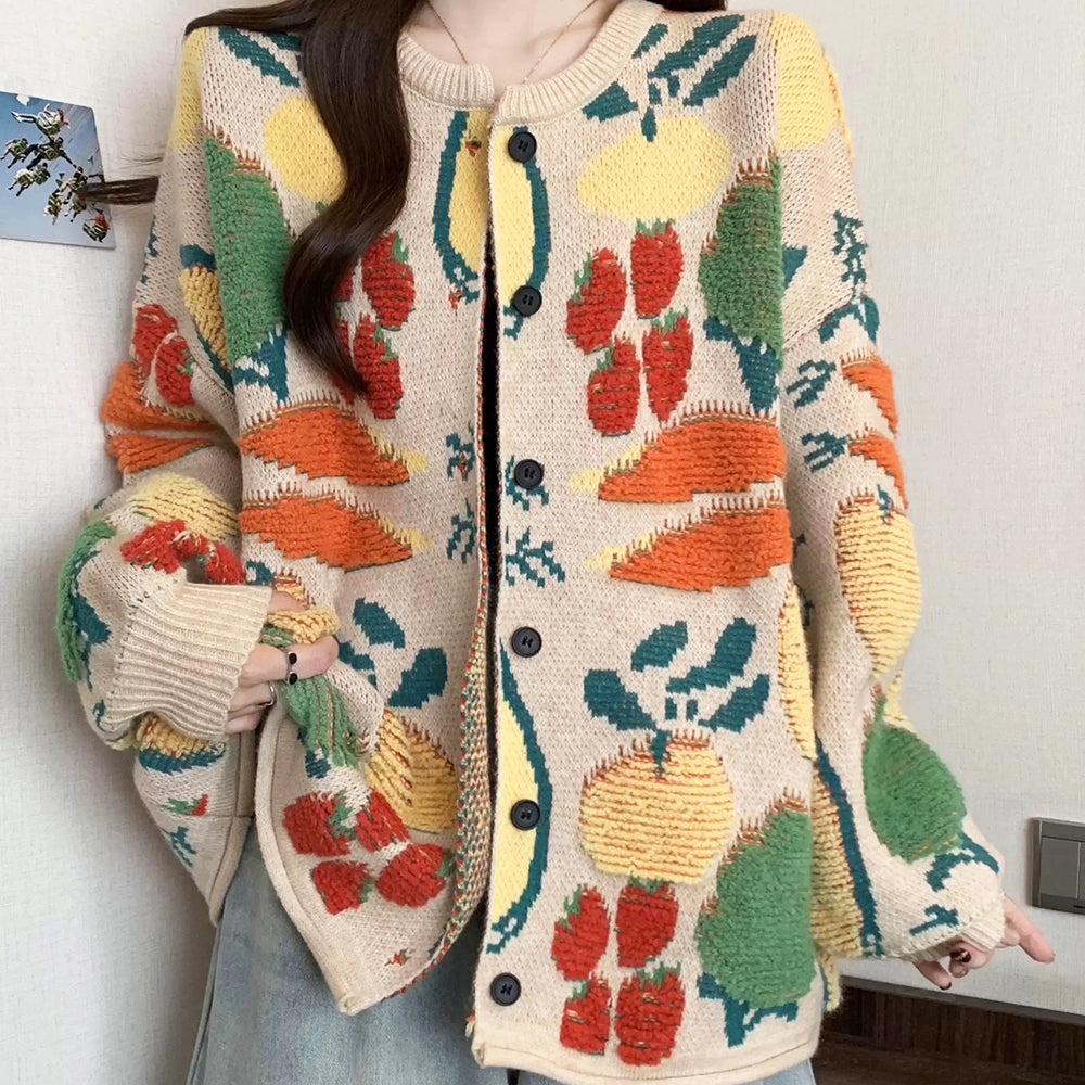 BEIGE VEGGIE KNIT CARDIGAN WHIMSICAL FRUIT DESIGN