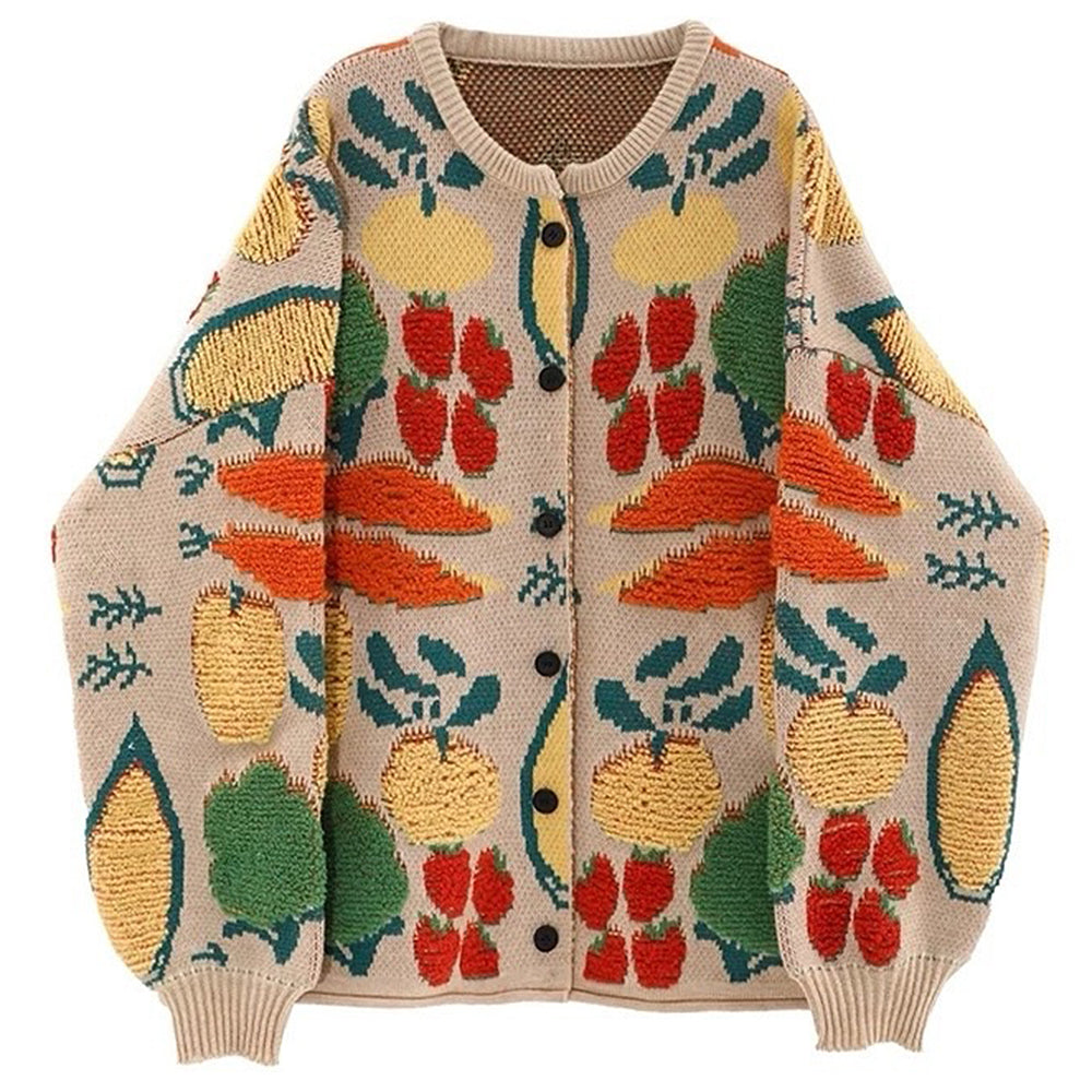 BEIGE VEGGIE KNIT CARDIGAN WHIMSICAL FRUIT DESIGN