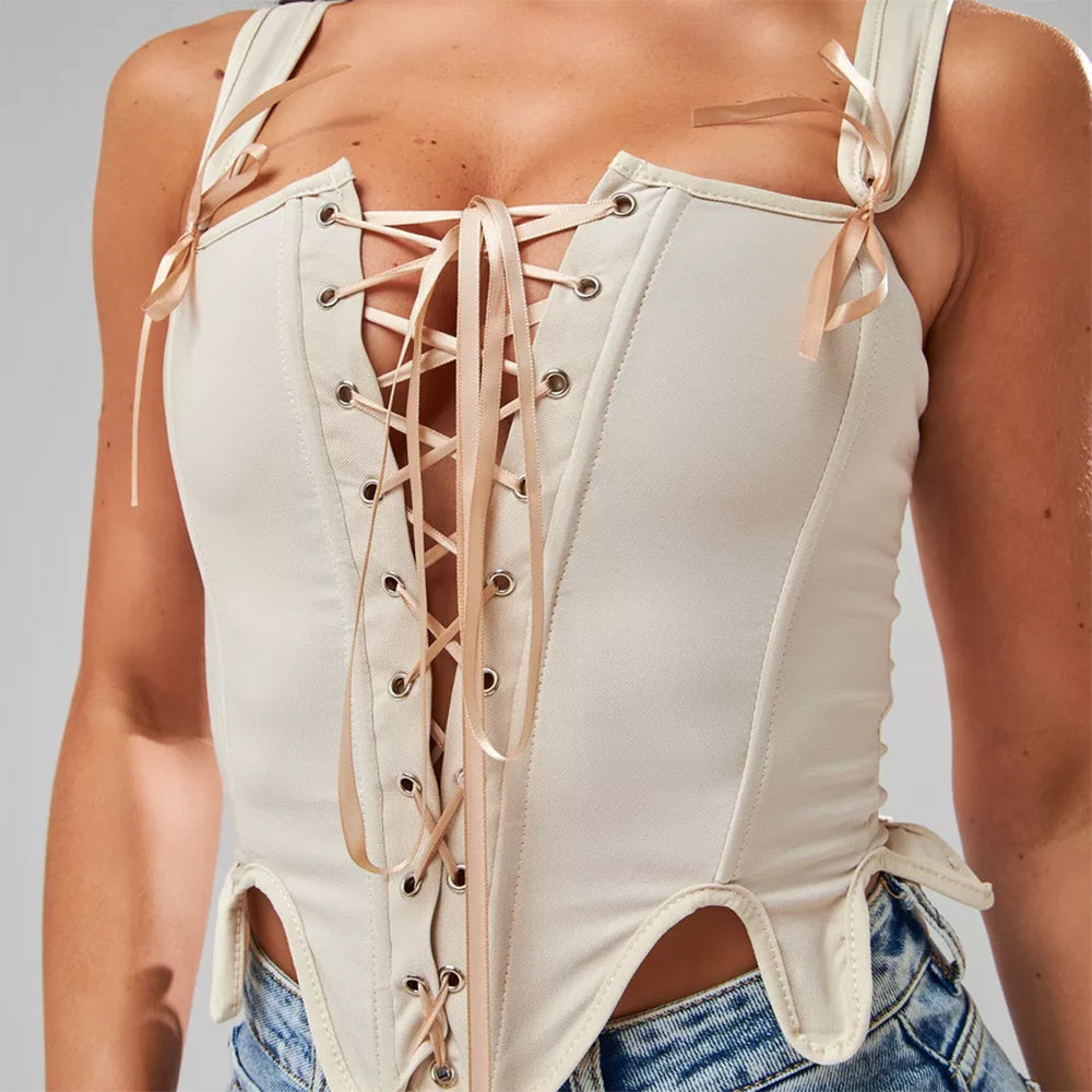 BEIGE VICTORIAN CORSET TOP PINK SATIN RIBBON LACING