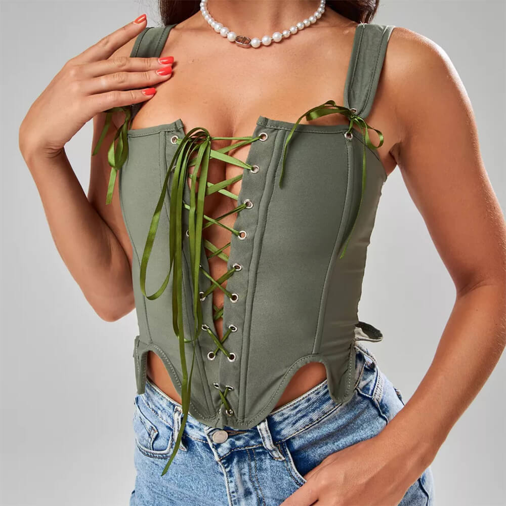 BEIGE VICTORIAN CORSET TOP PINK SATIN RIBBON LACING