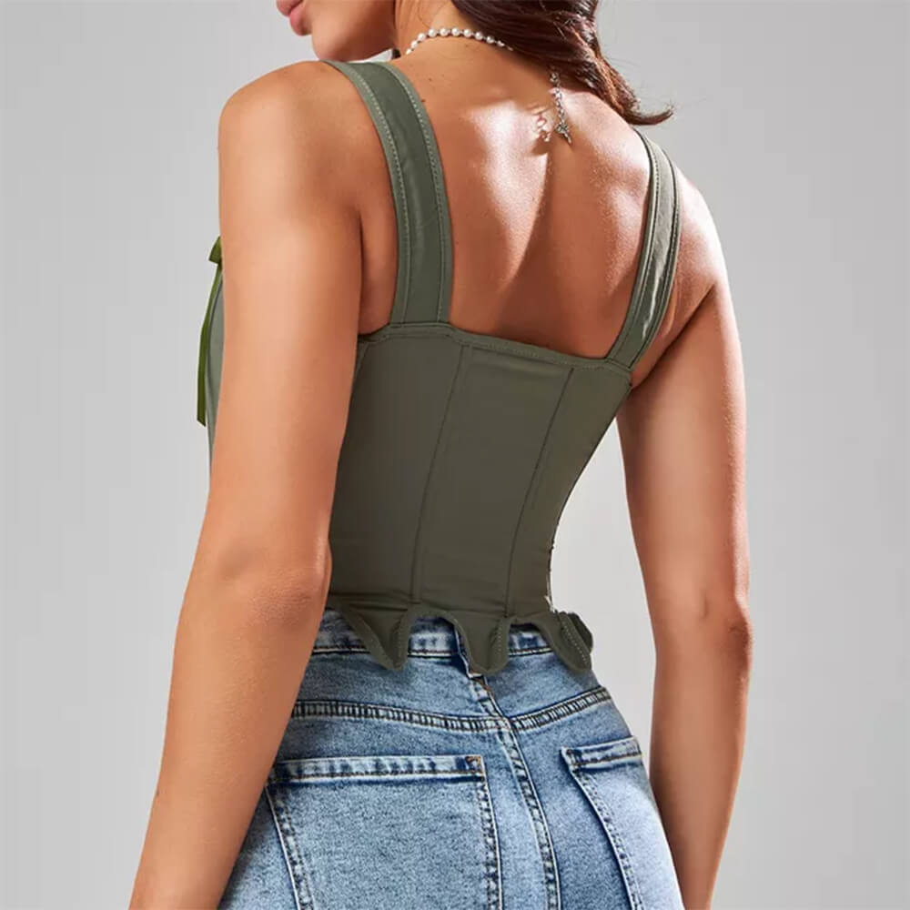 BEIGE VICTORIAN CORSET TOP PINK SATIN RIBBON LACING