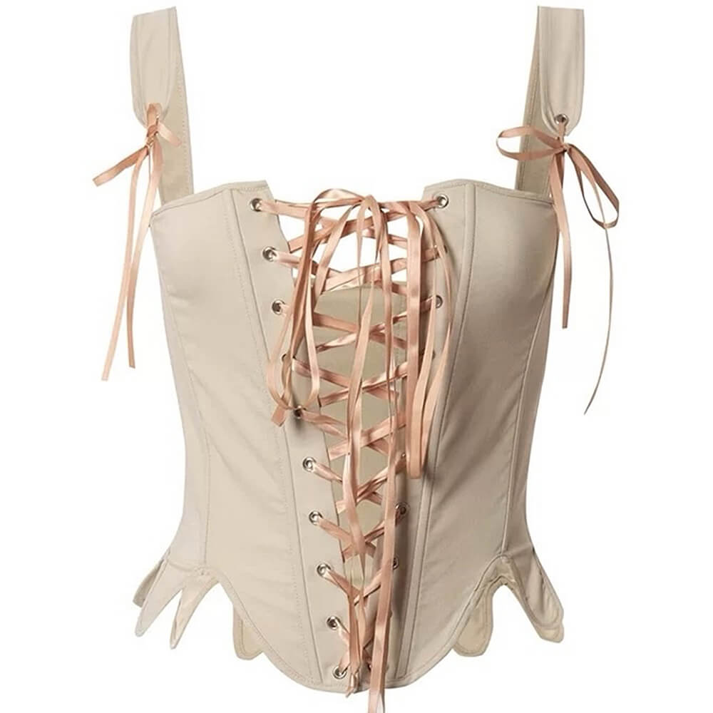 BEIGE VICTORIAN CORSET TOP PINK SATIN RIBBON LACING