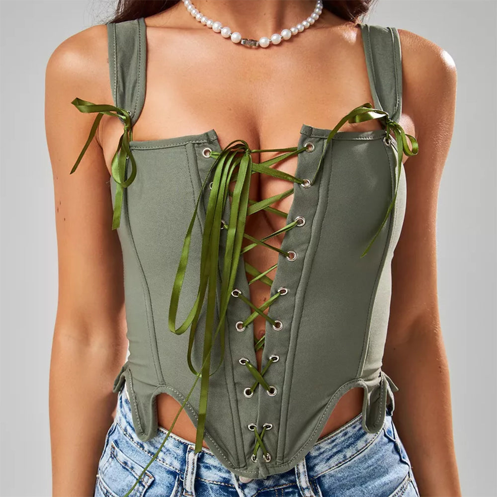 BEIGE VICTORIAN CORSET TOP PINK SATIN RIBBON LACING