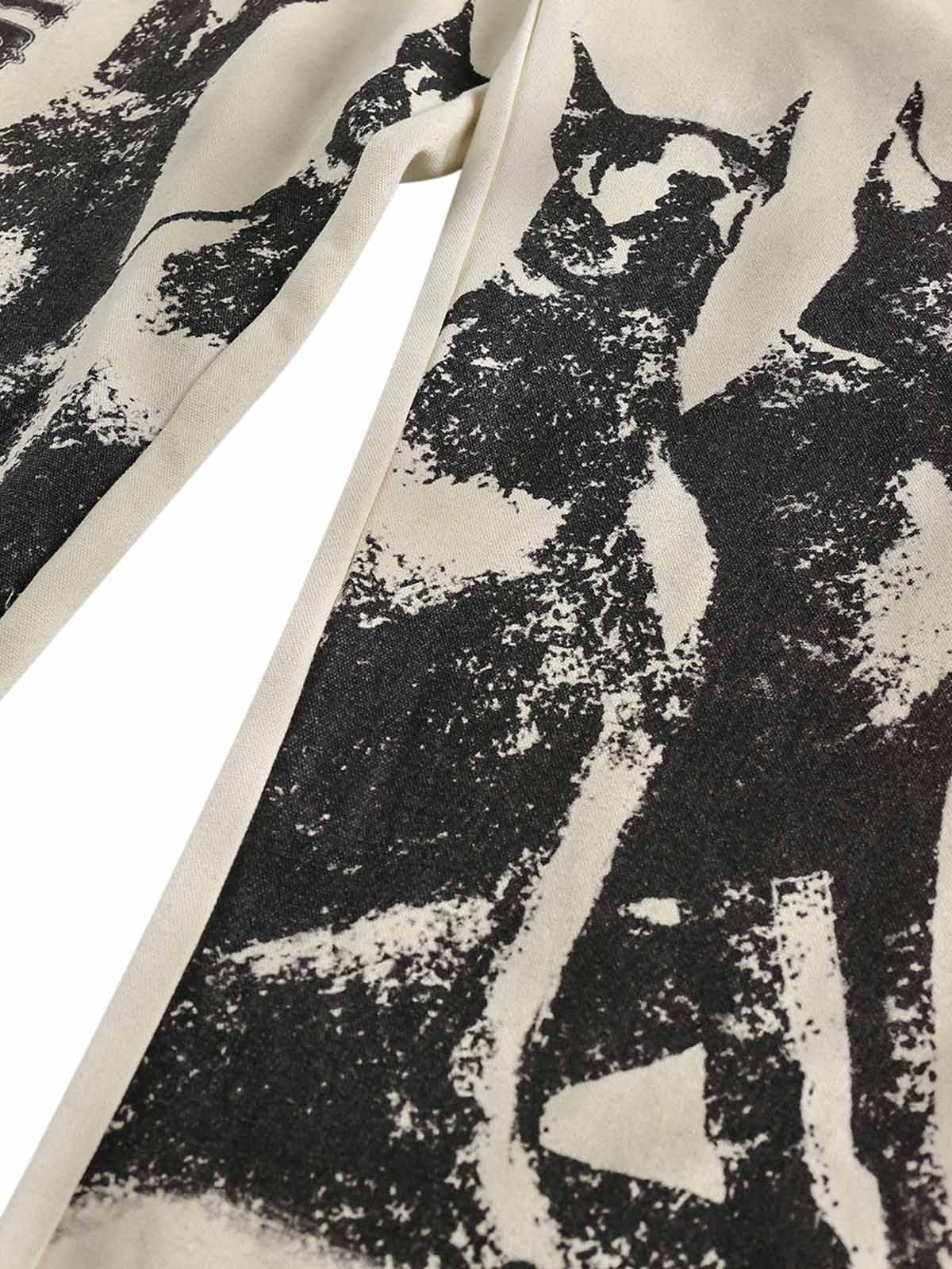 BEIGE WIDE-LEG PANTS WITH DOG PRINT - LONG PRINTED STRAIGHT LEG