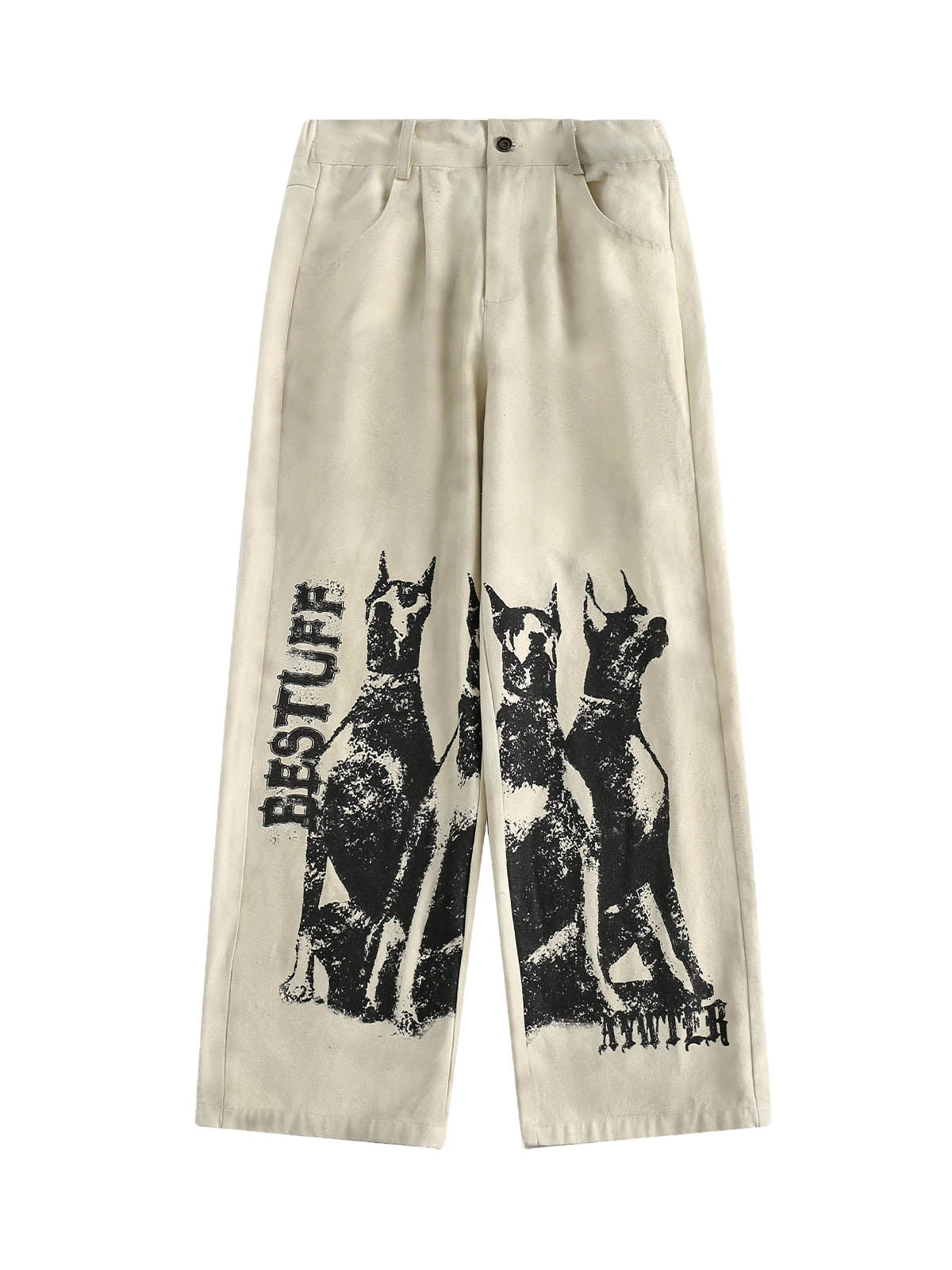 BEIGE WIDE-LEG PANTS WITH DOG PRINT - LONG PRINTED STRAIGHT LEG