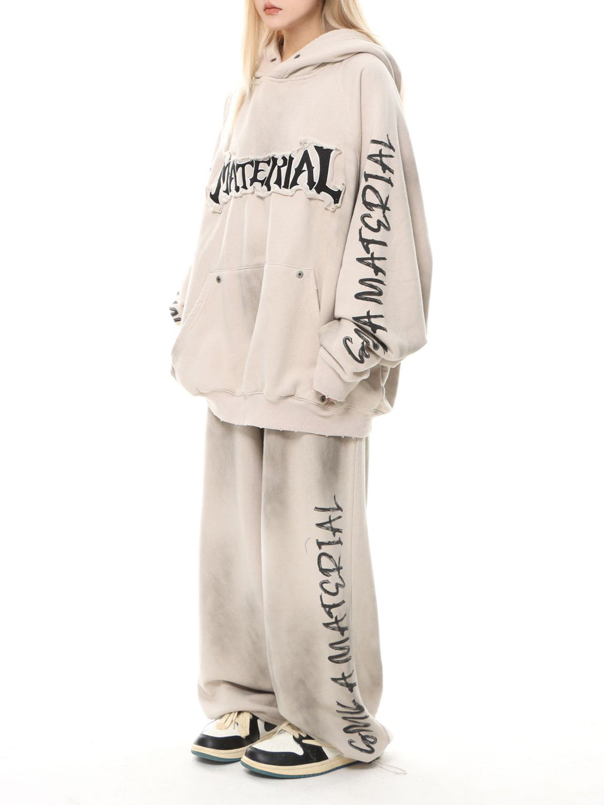 BEIGE WIDE LEG SWEATPANTS WITH DRAWSTRING - LONG PANTS