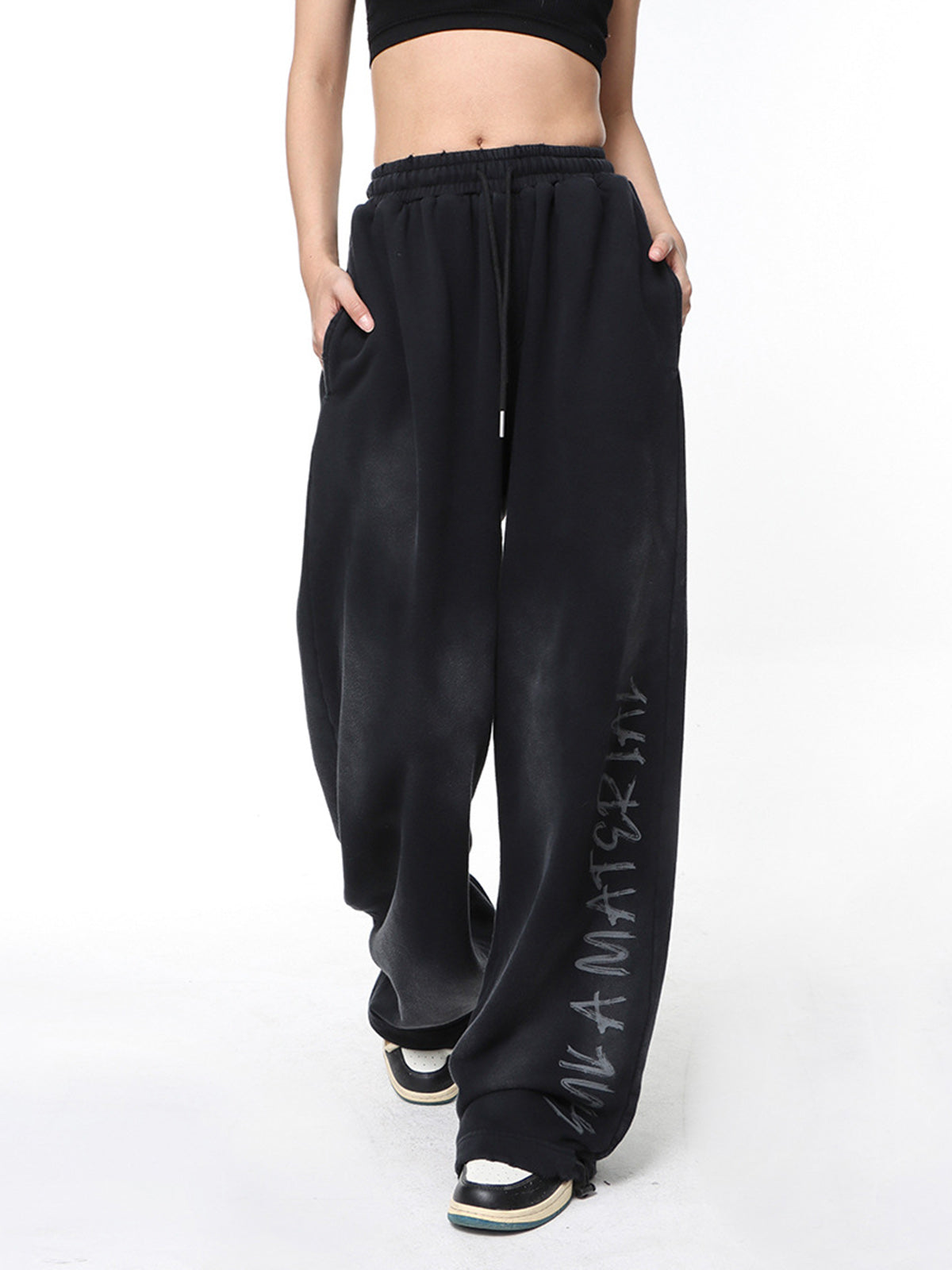 BEIGE WIDE LEG SWEATPANTS WITH DRAWSTRING - LONG PANTS