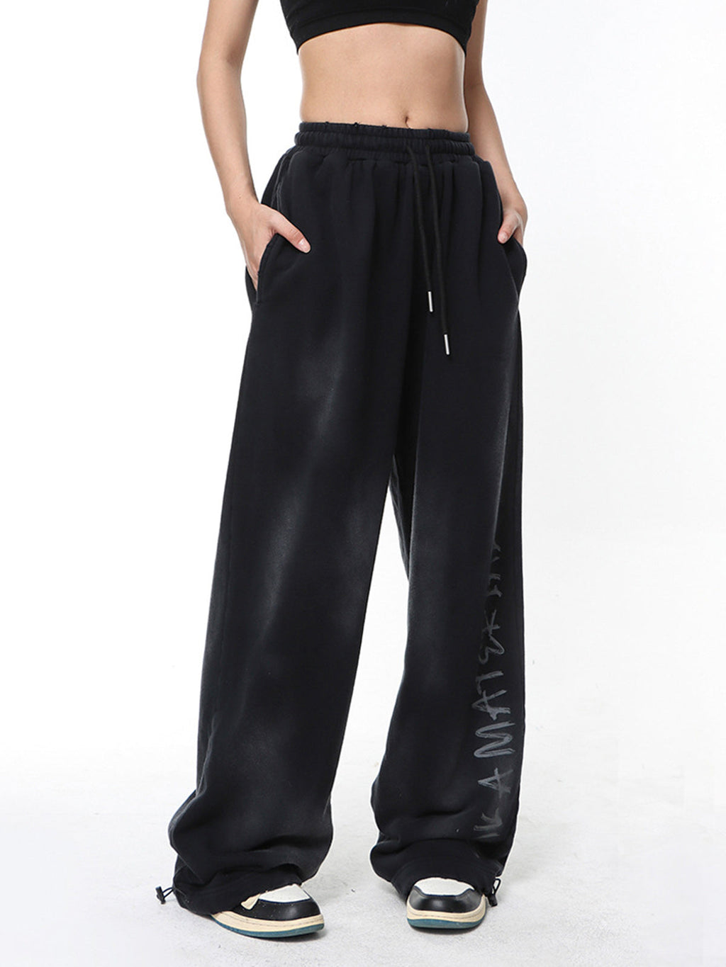 BEIGE WIDE LEG SWEATPANTS WITH DRAWSTRING - LONG PANTS