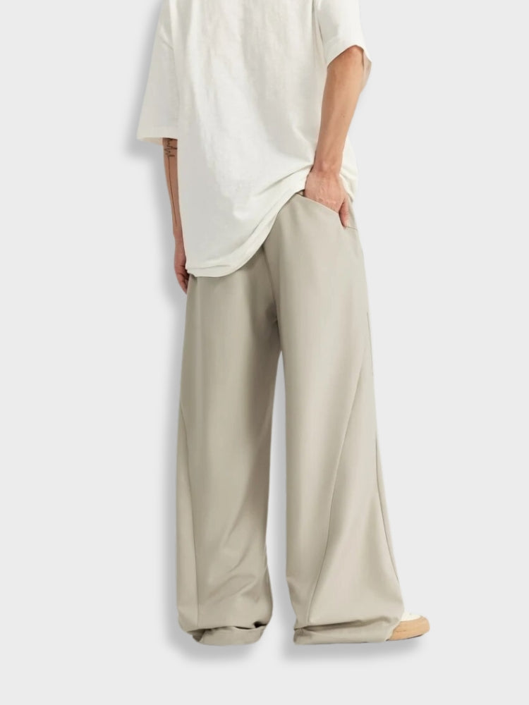 BEIGE WIDE-LEG TROUSERS STRETCH FIT PANTS