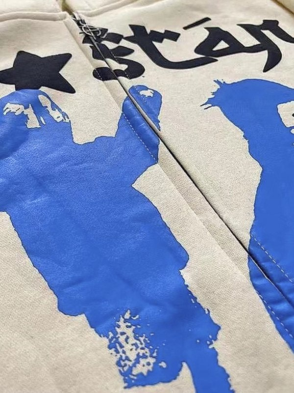 BEIGE ZIP-UP HOODIE WITH BLUE GRAPHIC LOOSE FIT CREW DESIGN