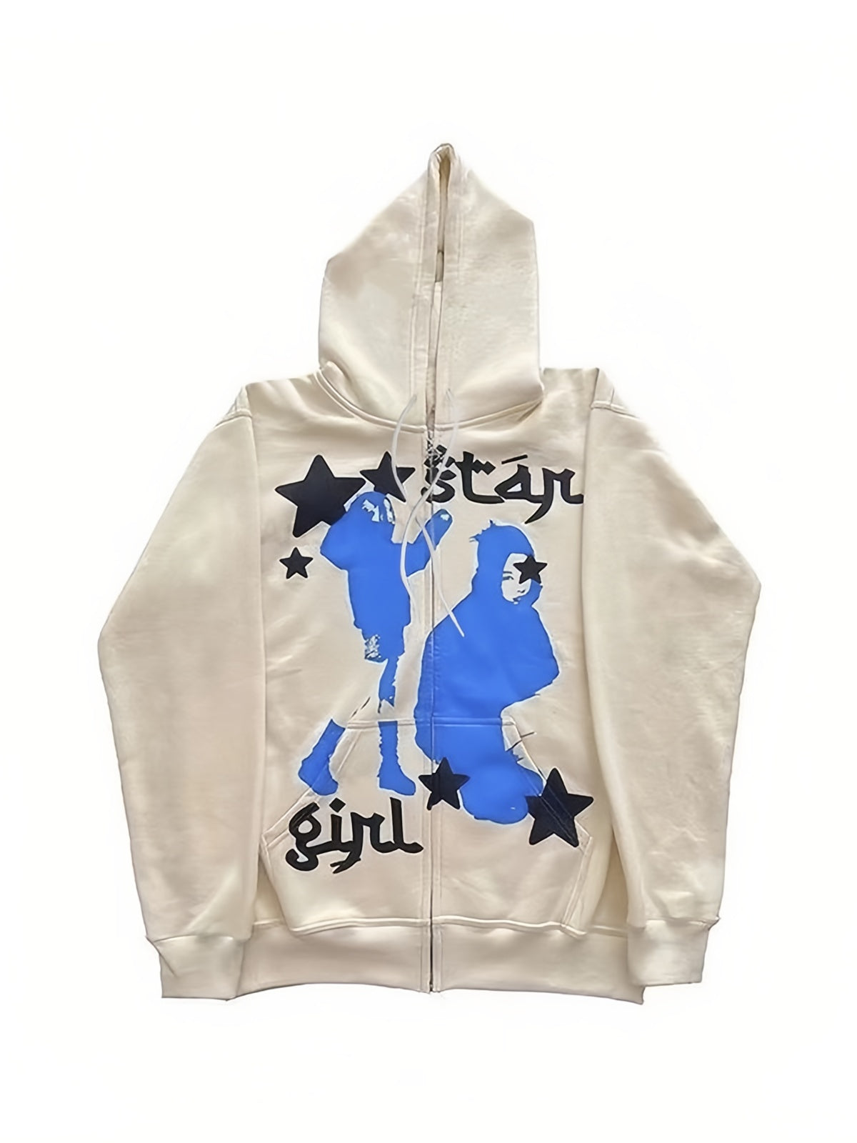 BEIGE ZIP-UP HOODIE WITH BLUE GRAPHIC LOOSE FIT CREW DESIGN