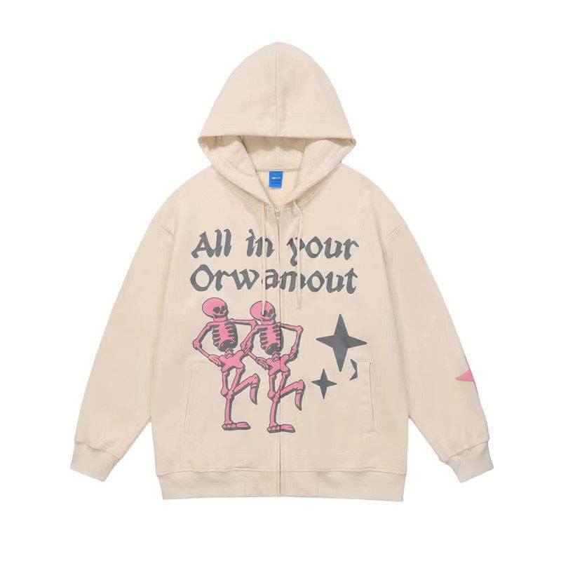 BEIGE ZIP-UP HOODIE WITH SKELETON GRAPHIC ORWAMOUT SWEAT ZIP