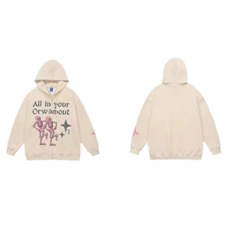 BEIGE ZIP-UP HOODIE WITH SKELETON GRAPHIC ORWAMOUT SWEAT ZIP