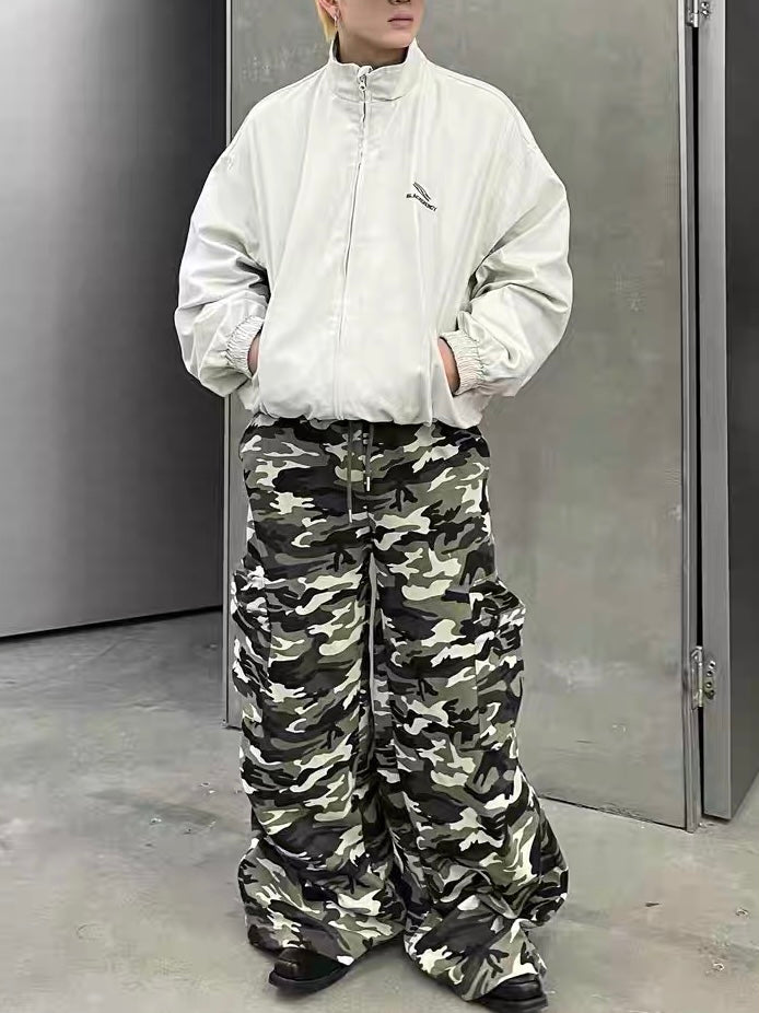 BEIGE ZIP-UP JACKET WITH RETRO STAND COLLAR CASUAL DESIGN