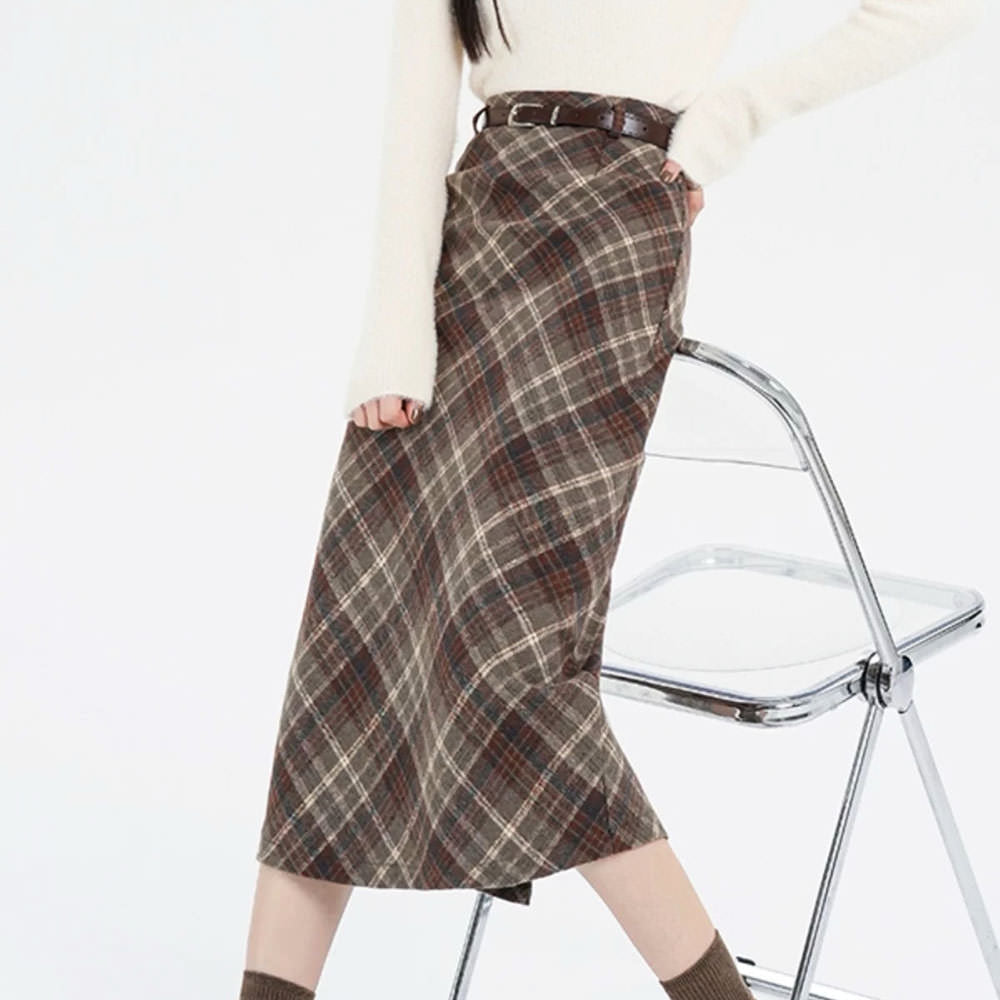 BELTED BROWN PLAID MIDI SKIRT