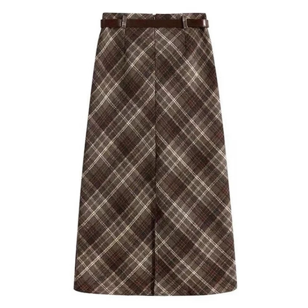 BELTED BROWN PLAID MIDI SKIRT