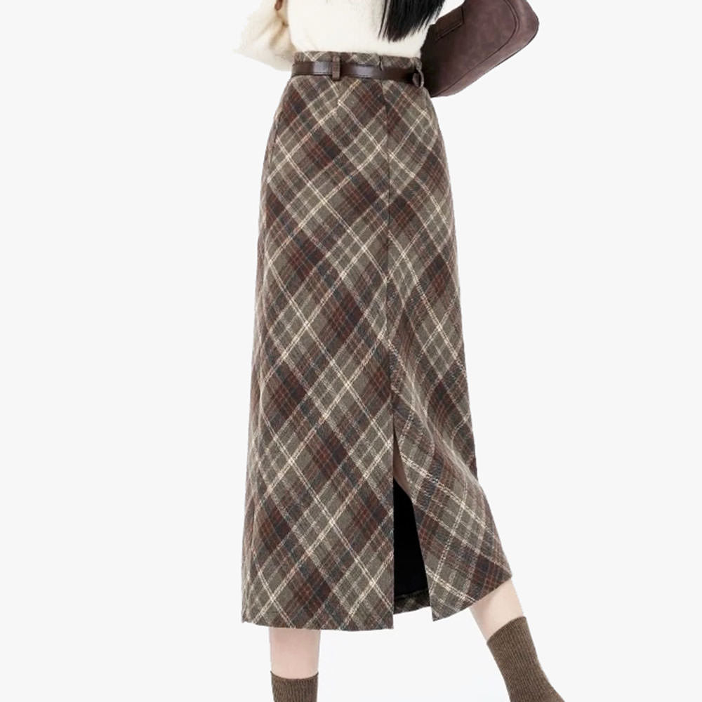 BELTED BROWN PLAID MIDI SKIRT