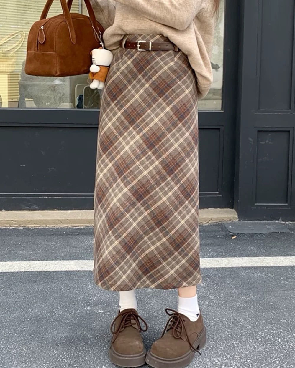 BELTED BROWN PLAID MIDI SKIRT