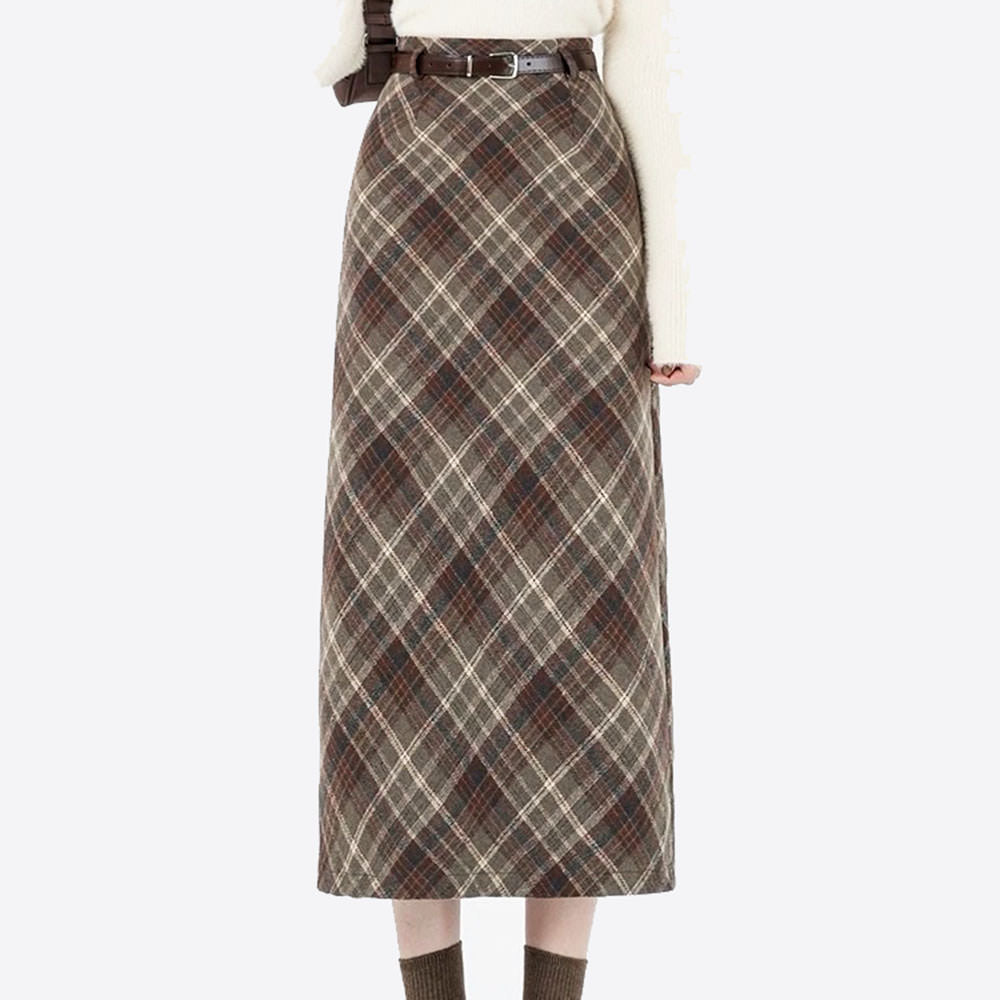 BELTED BROWN PLAID MIDI SKIRT