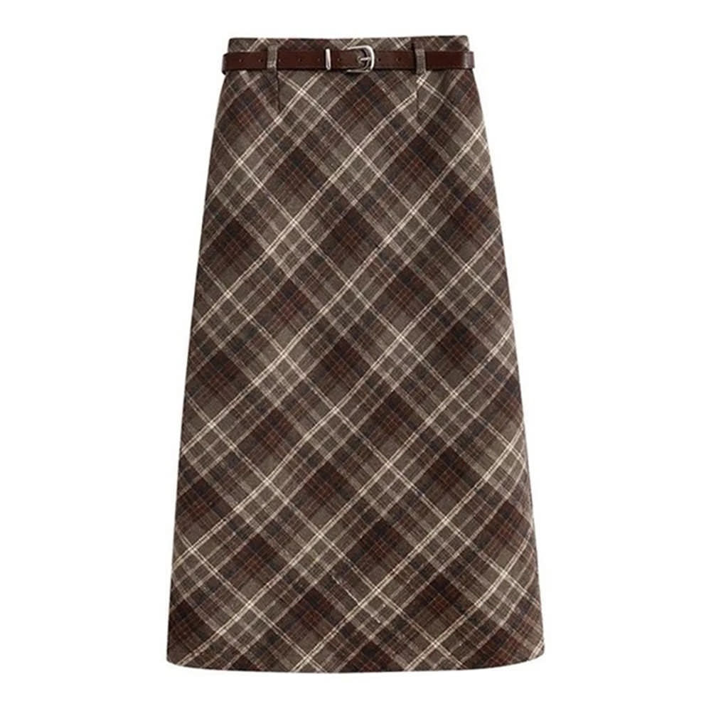 BELTED BROWN PLAID MIDI SKIRT
