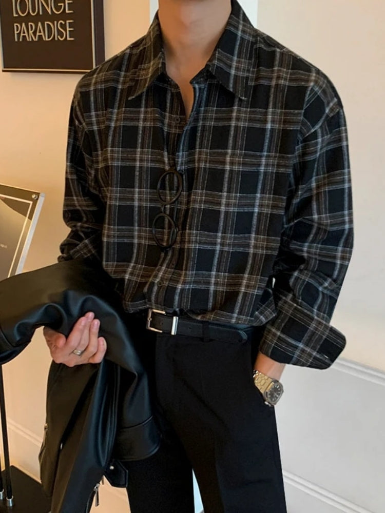 BLACK AND GRAY PLAID BUTTON-DOWN SHIRT CASUAL BLACK BLOUSE