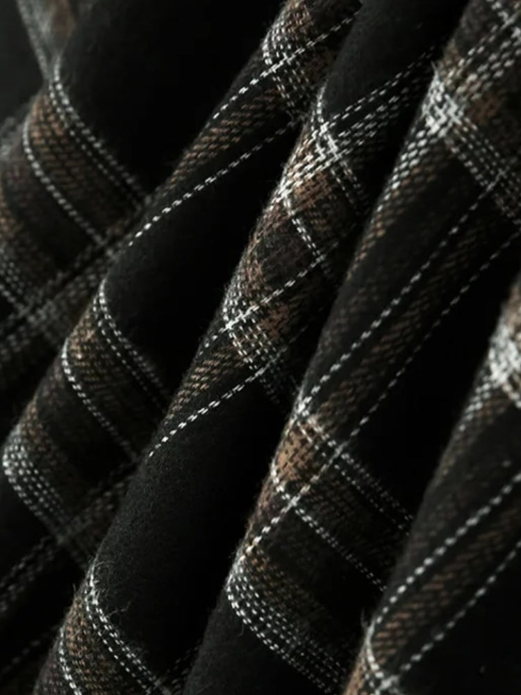 BLACK AND GRAY PLAID BUTTON-DOWN SHIRT CASUAL BLACK BLOUSE