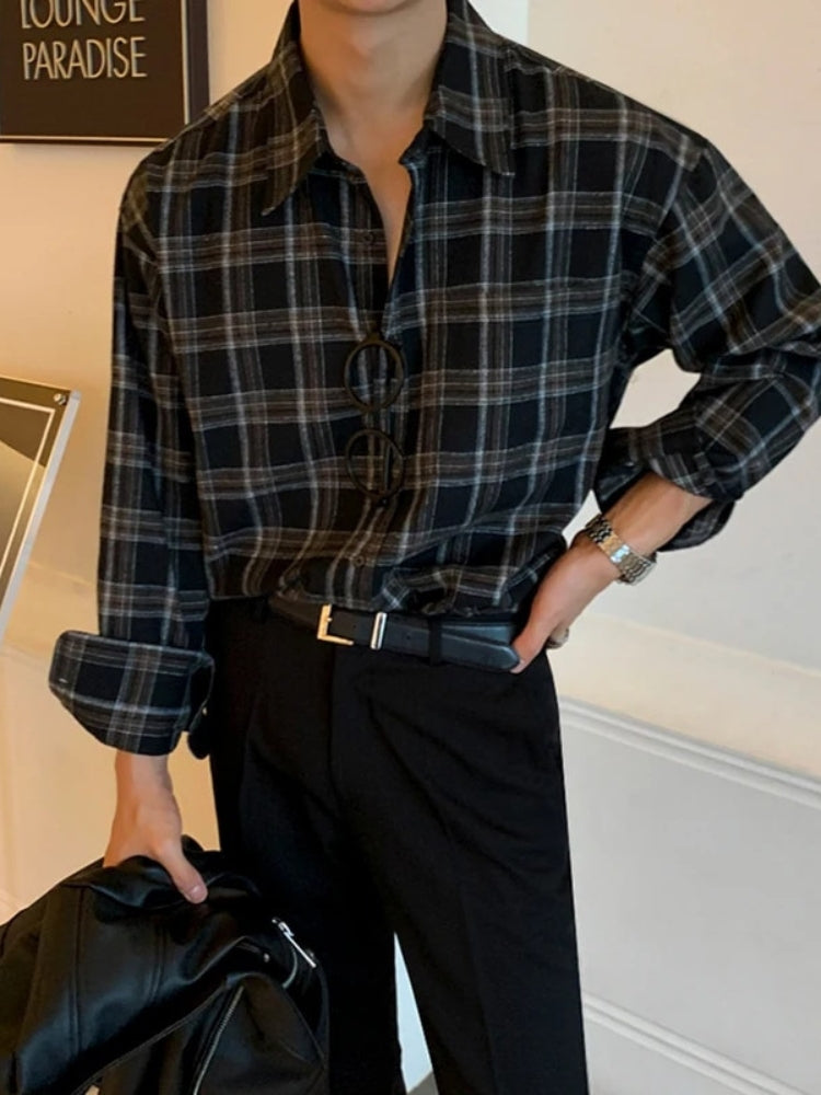 BLACK AND GRAY PLAID BUTTON-DOWN SHIRT CASUAL BLACK BLOUSE