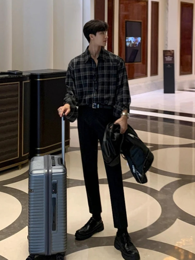 BLACK AND GRAY PLAID BUTTON-DOWN SHIRT CASUAL BLACK BLOUSE